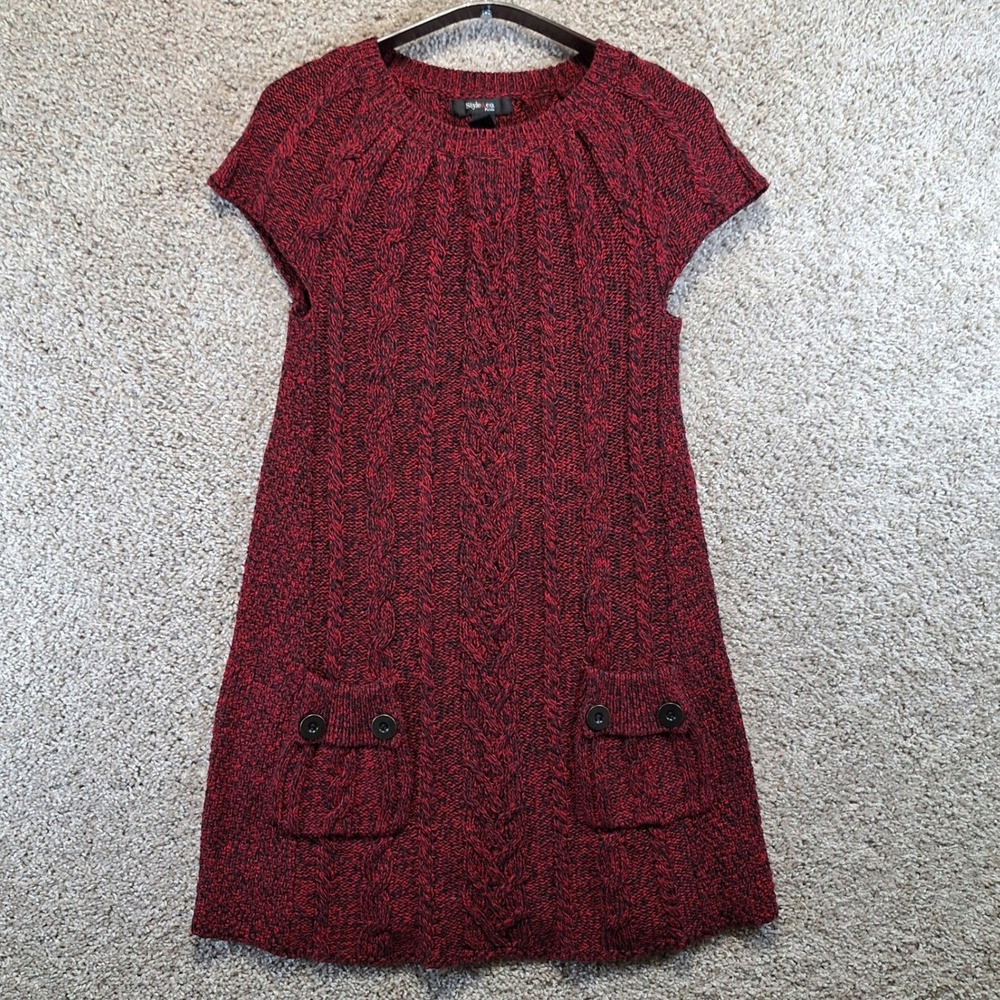 Style & Co Sweater Dress Womens PM Red Cable Knit Short Sleeve Pocket Tunic Boho